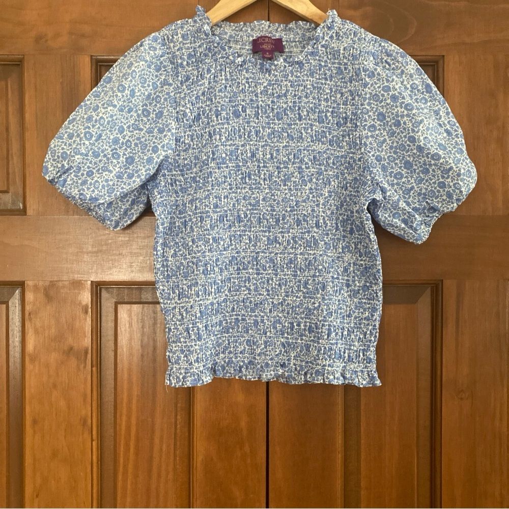 J. Crew Blue and White Smocked Puff Sleeve Blouse